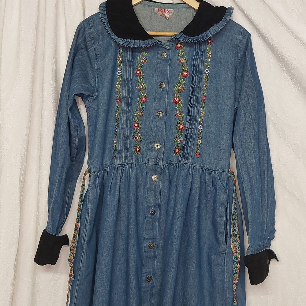 Rare Vintage 90s FADS Prairie Cottagecore Embroidered Denim Prairie Dream Dress - Picture 11 of 14